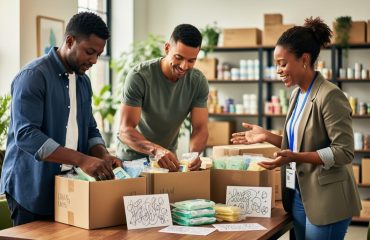 “Volunteers and donors preparing care packages together at a community table with supplies and care items in view.”