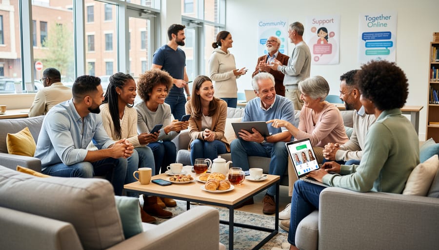 Volunteers and community members in a community center building connections while one person uses a phone to coordinate support.