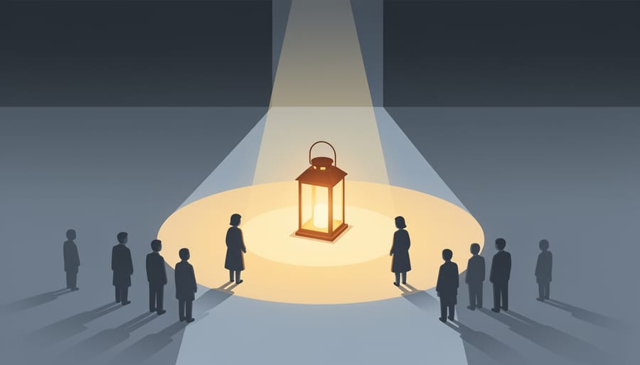 A lit lantern in a dark room casting warm light that symbolizes hope and guidance toward community support.