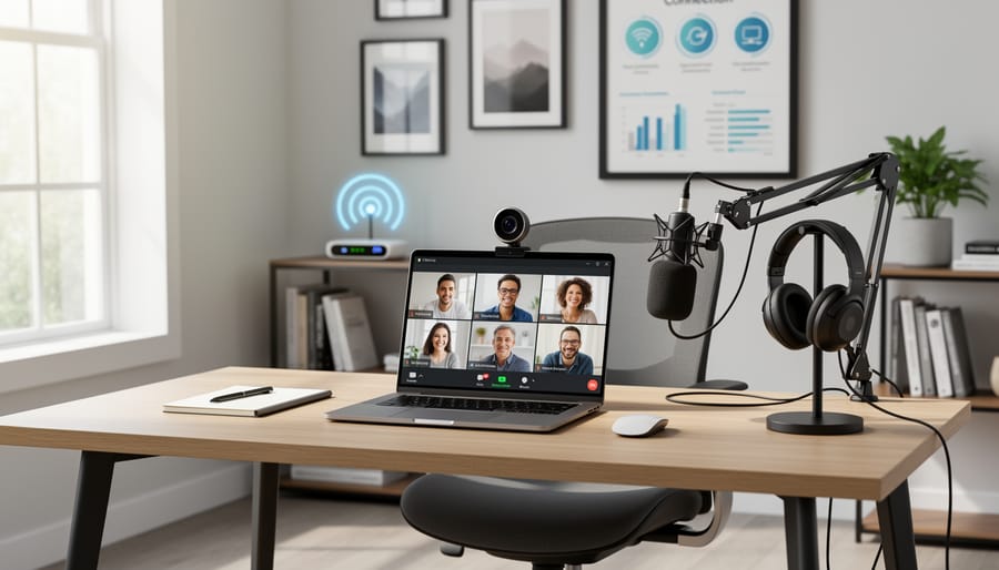 Person at a home office desk ready for a video call with laptop, phone, and ethernet cable nearby