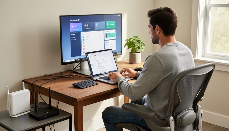Person working on a laptop at a home desk with a router and modem placed beside neatly managed cables