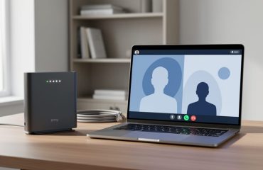 Laptop in a home office next to a router and modem with indicator lights, showing an example video call setup and a connected Ethernet cable.