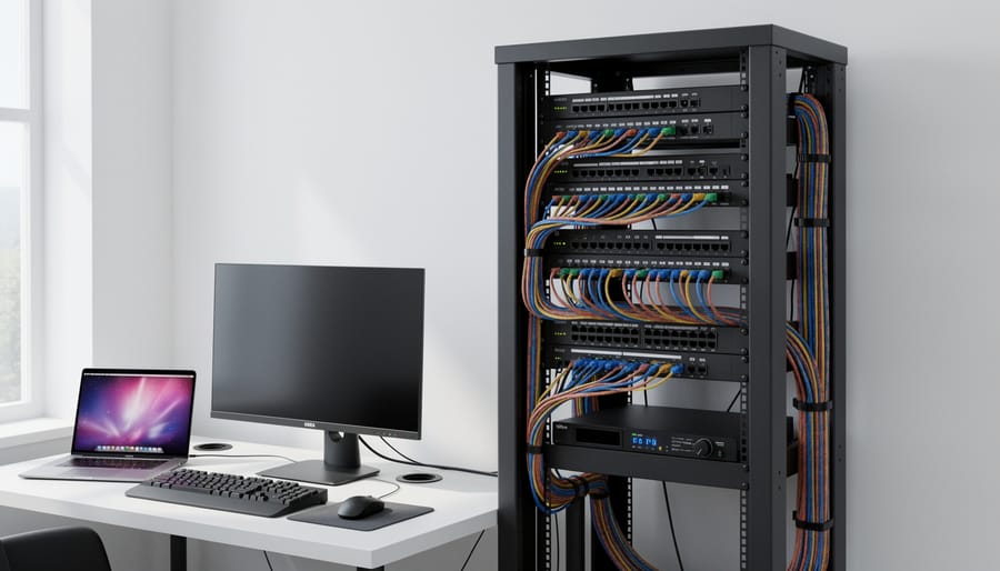 Router and modem mounted on a shelf in a tidy home utility area with neatly routed power and cable connections