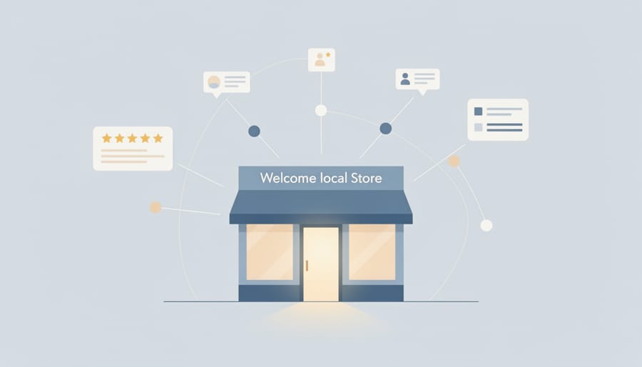 Person walking toward a warmly lit small business storefront in the evening