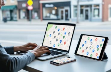 Small business owner in Lanaudière using a laptop and mobile devices to represent local SEO and online visibility.