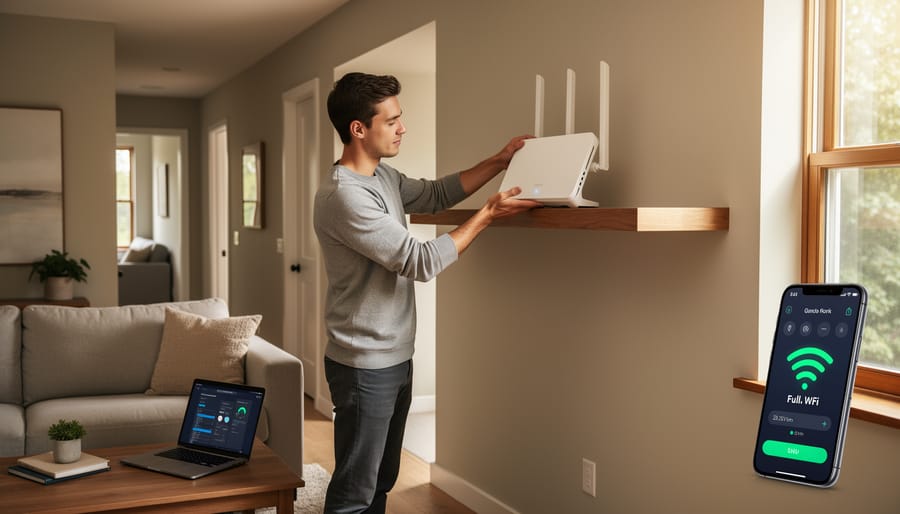 Home router positioned in a central elevated spot in a living room to improve Wi-Fi coverage