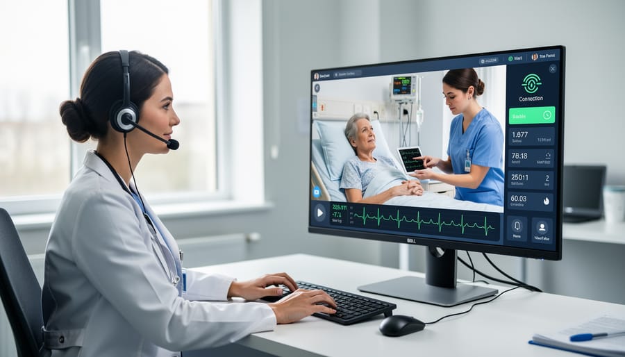 Clinician and patient during a video consultation in a clinic, illustrating dependable connectivity.