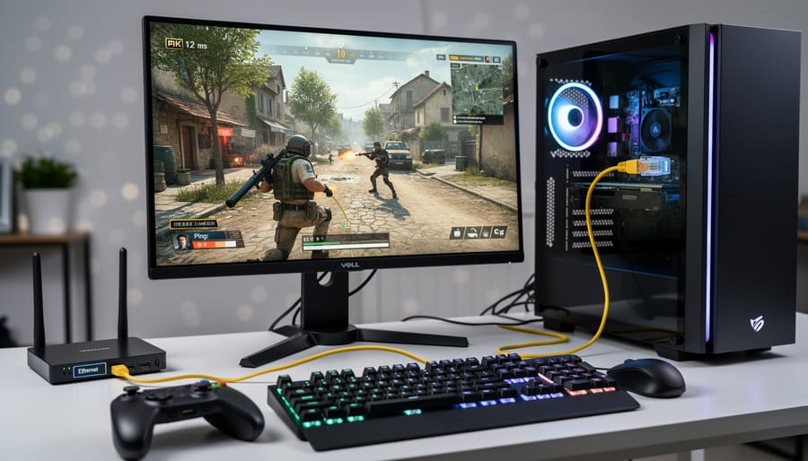 Gamer at a desk with an Ethernet cable connected to a router for a more stable gaming connection