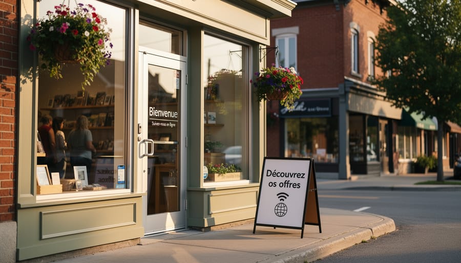 Warmly lit local storefront with a window display at golden hour
