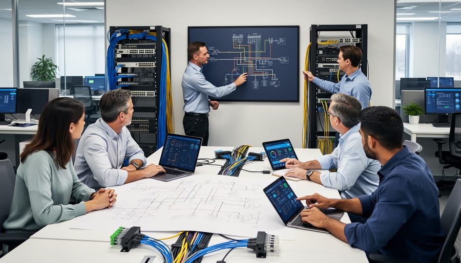 Business professionals near a network rack in a modern office, representing reliable dedicated internet connectivity.