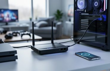 Router connected by Ethernet to a gaming PC and console on a desk, illustrating a lag-optimized gaming network setup.