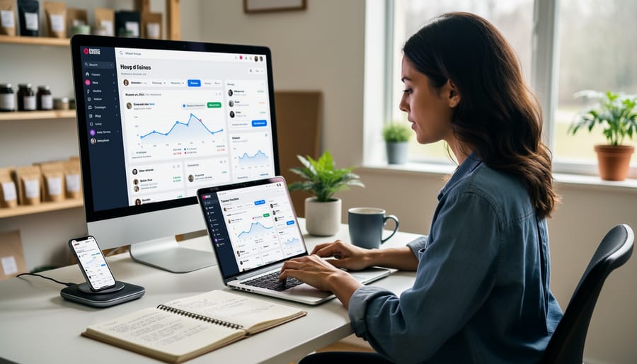 Small business owner using a smartphone and laptop in an office workspace