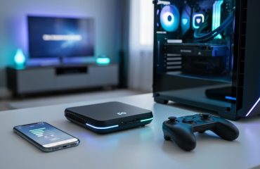 Modern 5G router and gaming equipment on a desk with cool blue lighting, representing fast, low-latency internet for online gaming.