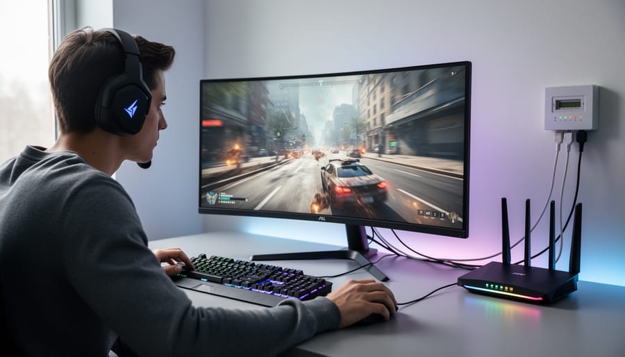 A gamer at a desk playing on a PC with a gaming headset in a modern, low-light room.